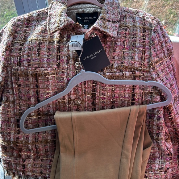 2-PC SET Adrienne Landau Pink, Tan, Gold Tweed Blazer & Tan Pants - Picture 4 of 7